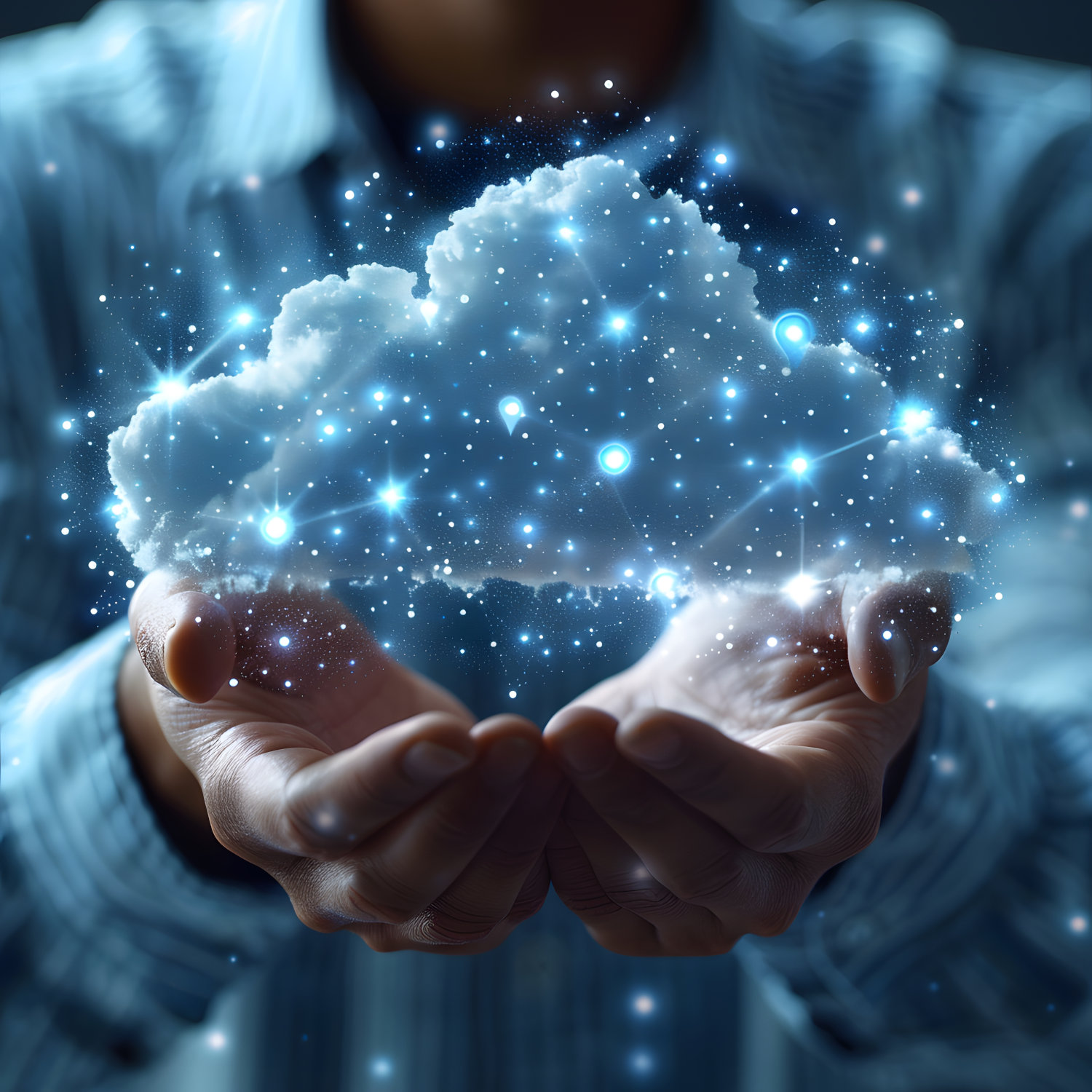 Hands cupping an illustrated cloud with several points of light in it