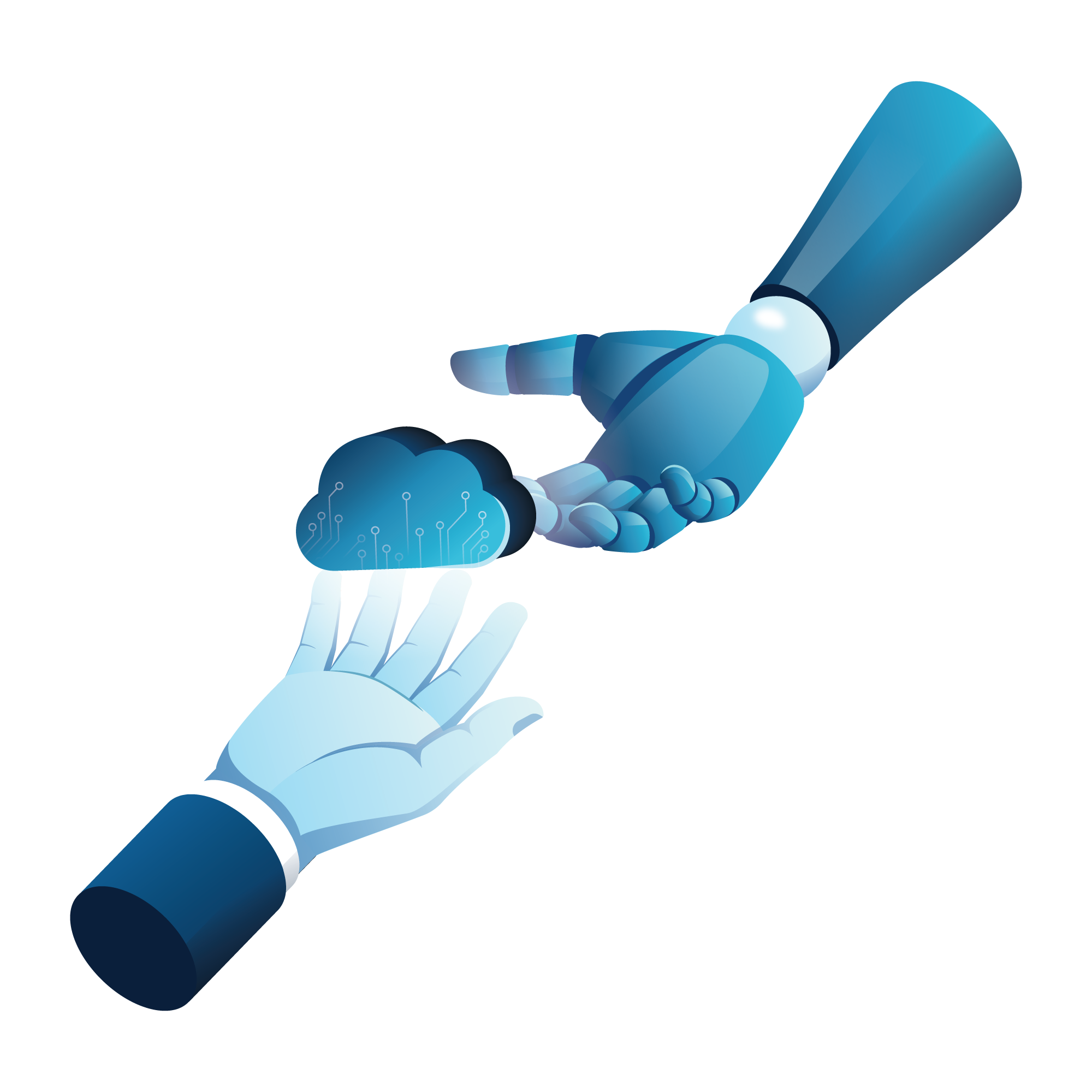 A robot handing passing a cloud to a human hand, symbolizing AI and human collaboration in cloud infrastructure management