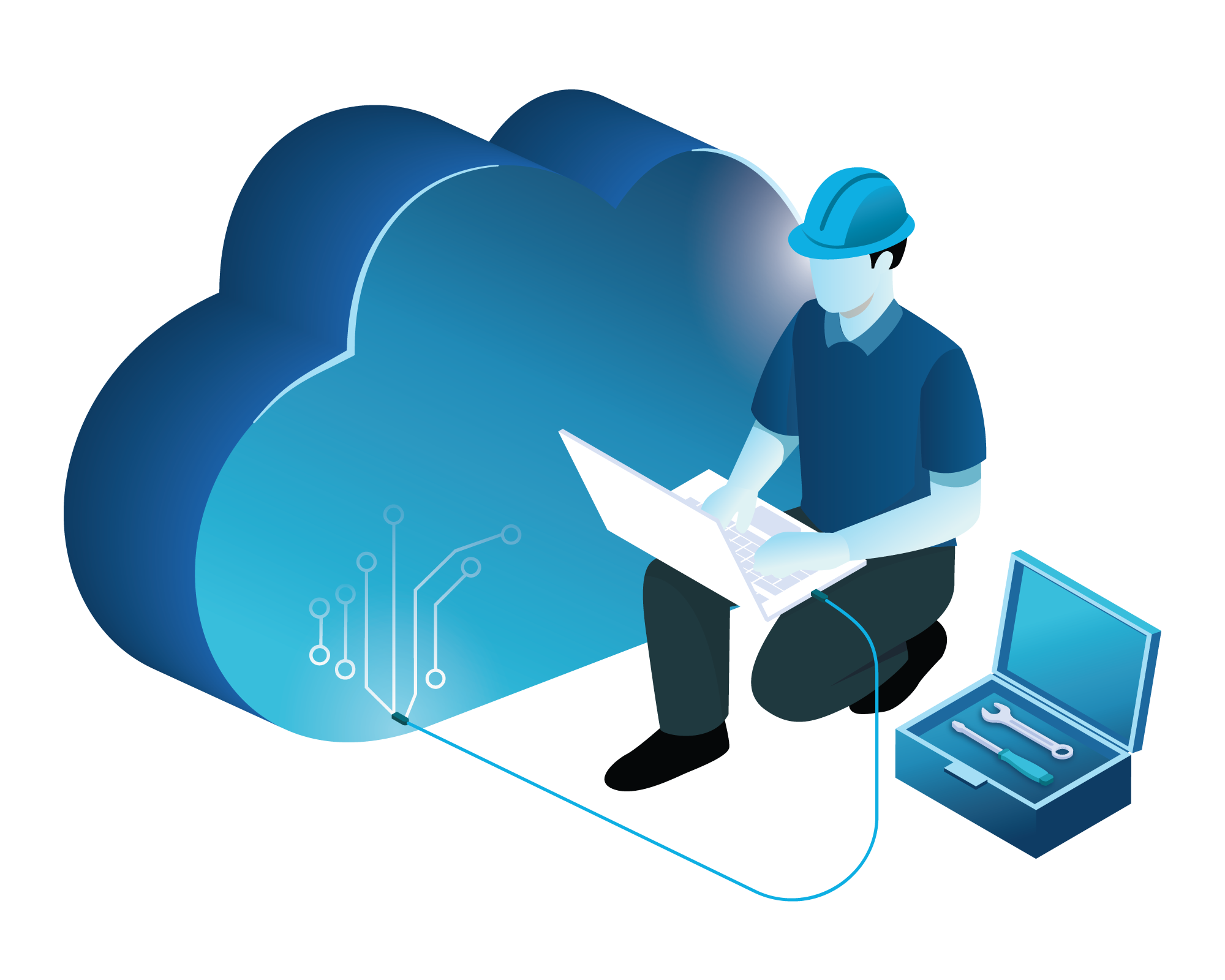 A man kneeling beside a cloud with a laptop connected to it representing cloud operations and engineering